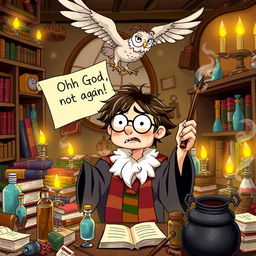 A humorous and vibrant scene featuring a wizard resembling Harry Potter with messy hair and round glasses, expressing a frustrated reaction