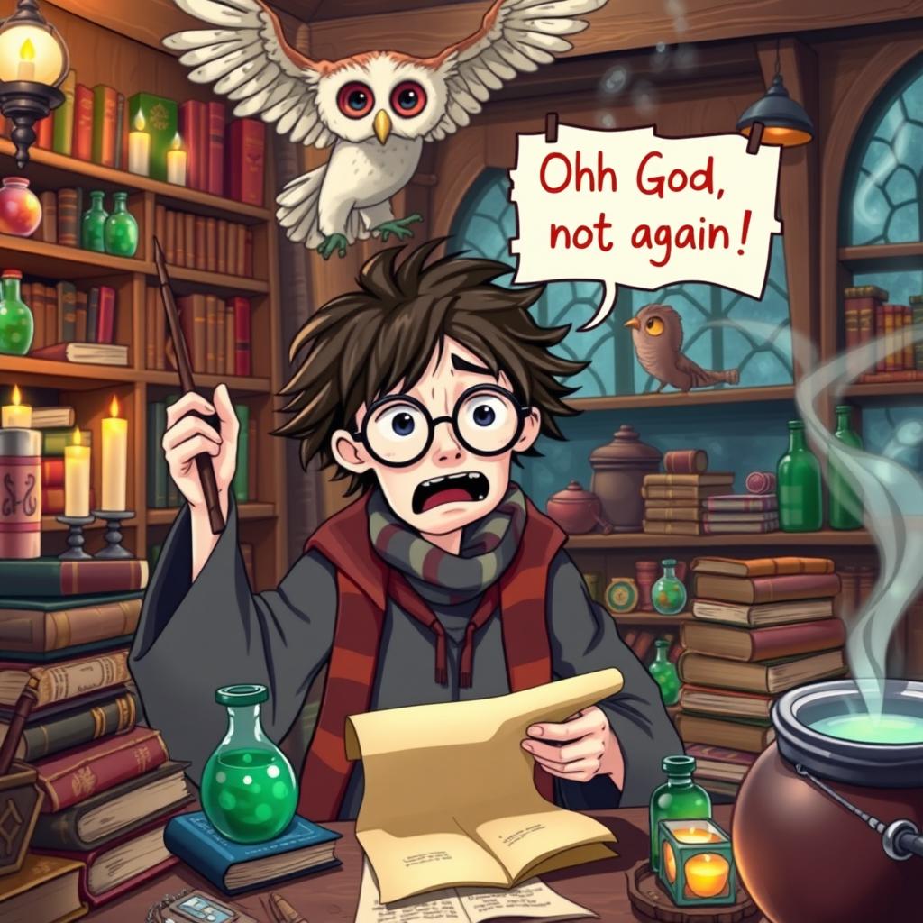 A humorous and vibrant scene featuring a wizard resembling Harry Potter with messy hair and round glasses, expressing a frustrated reaction