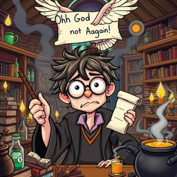 A humorous and vibrant scene featuring a wizard resembling Harry Potter with messy hair and round glasses, expressing a frustrated reaction