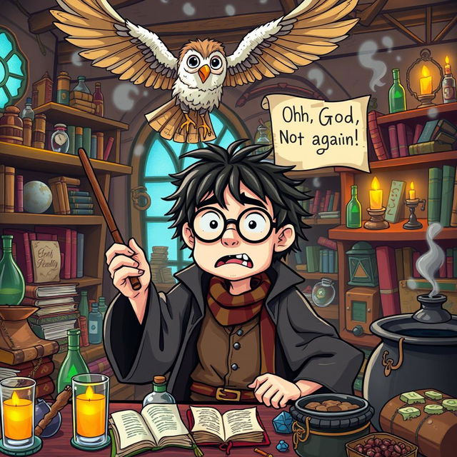 A humorous and vibrant scene featuring a wizard resembling Harry Potter with messy hair and round glasses, expressing a frustrated reaction