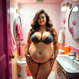 A humorous and candid scene of a confident woman in a bathroom setting