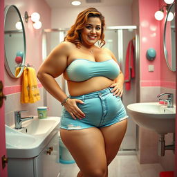 A humorous and candid scene of a confident woman in a bathroom setting