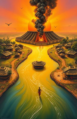 An aerial view of a vibrant landscape featuring a flowing river that starts from the bottom left of the canvas