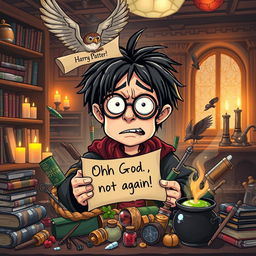 A humorous and lively scene featuring a wizard strongly resembling Harry Potter, characterized by his messy black hair and round glasses, looking visibly frustrated