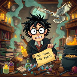 A humorous and lively scene featuring a wizard strongly resembling Harry Potter, characterized by his messy black hair and round glasses, looking visibly frustrated
