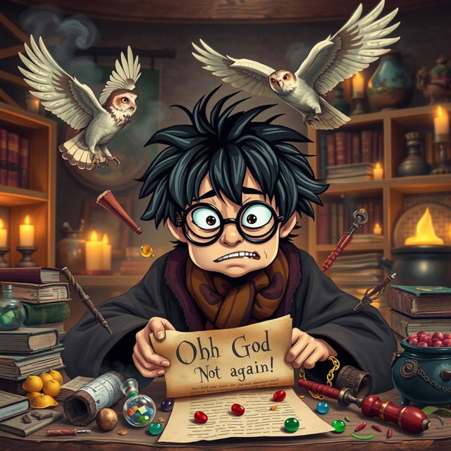 A humorous and lively scene featuring a wizard strongly resembling Harry Potter, characterized by his messy black hair and round glasses, looking visibly frustrated