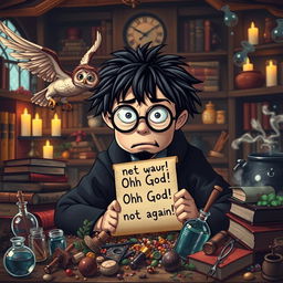 A humorous and lively scene featuring a wizard strongly resembling Harry Potter, characterized by his messy black hair and round glasses, looking visibly frustrated