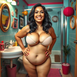 A playful and humorous scene in a vibrant bathroom setting featuring a confident Latina woman with a curvaceous body