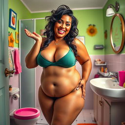 A playful and humorous scene in a vibrant bathroom setting featuring a confident Latina woman with a curvaceous body