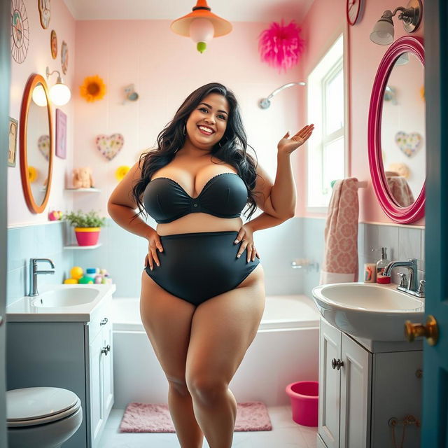 A playful and humorous scene in a vibrant bathroom setting featuring a confident Latina woman with a curvaceous body