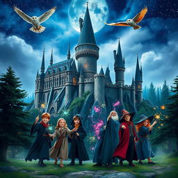 A magical scene reminiscent of the Harry Potter universe, showcasing a grand castle with tall spires and majestic towers, surrounded by a lush, enchanted forest