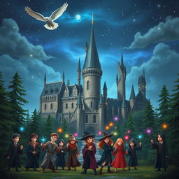 A magical scene reminiscent of the Harry Potter universe, showcasing a grand castle with tall spires and majestic towers, surrounded by a lush, enchanted forest