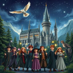 A magical scene reminiscent of the Harry Potter universe, showcasing a grand castle with tall spires and majestic towers, surrounded by a lush, enchanted forest