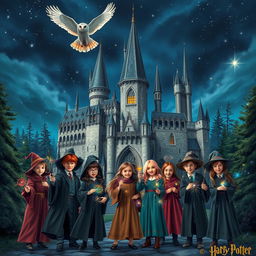 A magical scene reminiscent of the Harry Potter universe, showcasing a grand castle with tall spires and majestic towers, surrounded by a lush, enchanted forest