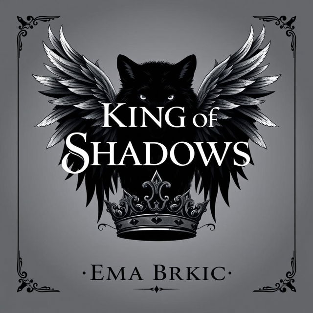 An evocative design featuring the title 'King of Shadows' elegantly styled, with a bold black shadow wolf at the center, symbolizing strength and mystery