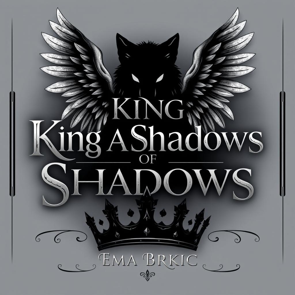 An evocative design featuring the title 'King of Shadows' elegantly styled, with a bold black shadow wolf at the center, symbolizing strength and mystery