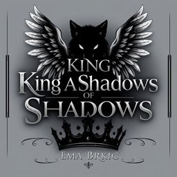 An evocative design featuring the title 'King of Shadows' elegantly styled, with a bold black shadow wolf at the center, symbolizing strength and mystery