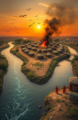 An aerial view of a picturesque scene featuring a winding river flowing from the bottom left of the canvas