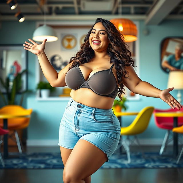 A playful scene featuring a confident woman with a curvaceous figure, emphasizing her large breasts and wide hips