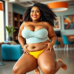 A playful scene featuring a confident woman with a curvaceous figure, emphasizing her large breasts and wide hips