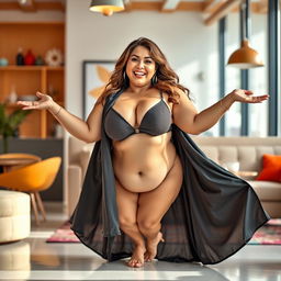 A playful scene featuring a confident woman with a curvaceous figure, emphasizing her large breasts and wide hips