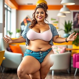 A confident woman with a voluptuous figure, showcasing her large breasts and curvy hips