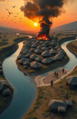 An aerial view of a 3D A5 landscape featuring a river flowing from the bottom left of the canvas