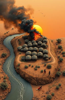 An aerial view of a 3D A5 landscape featuring a river flowing from the bottom left of the canvas