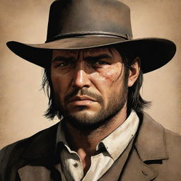 An illustration of John Marston, a renowned character sporting his cowboy hat, weathered features, and piercing gaze that encapsulate his experiences in the wild, wild West.