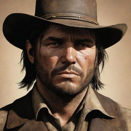 An illustration of John Marston, a renowned character sporting his cowboy hat, weathered features, and piercing gaze that encapsulate his experiences in the wild, wild West.