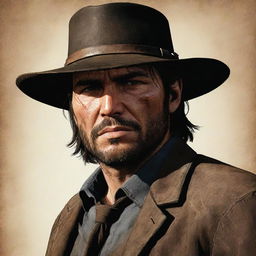 An illustration of John Marston, a renowned character sporting his cowboy hat, weathered features, and piercing gaze that encapsulate his experiences in the wild, wild West.