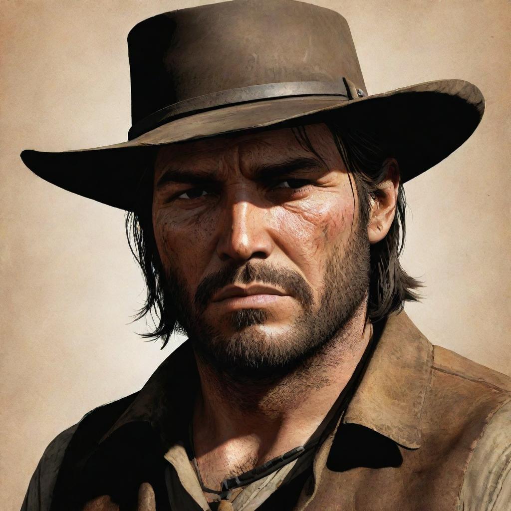 An illustration of John Marston, a renowned character sporting his cowboy hat, weathered features, and piercing gaze that encapsulate his experiences in the wild, wild West.