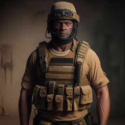 A Hollywood-style kidnapper commander clad in short-sleeve semi-combat attire and a bullet-proof vest, conveying a daunting and commanding presence.