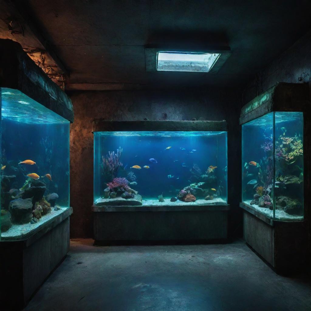 An ultra-high definition, 36k resolution image of an extremely detailed public aquarium realized in ghost-punk style. Filled with neon spectral fish and rusty punk decor it should have the look of an experimental photography.