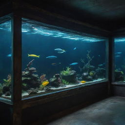 An ultra-high definition, 36k resolution image of an extremely detailed public aquarium realized in ghost-punk style. Filled with neon spectral fish and rusty punk decor it should have the look of an experimental photography.