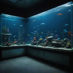 An ultra-high definition, 36k resolution image of an extremely detailed public aquarium realized in ghost-punk style. Filled with neon spectral fish and rusty punk decor it should have the look of an experimental photography.