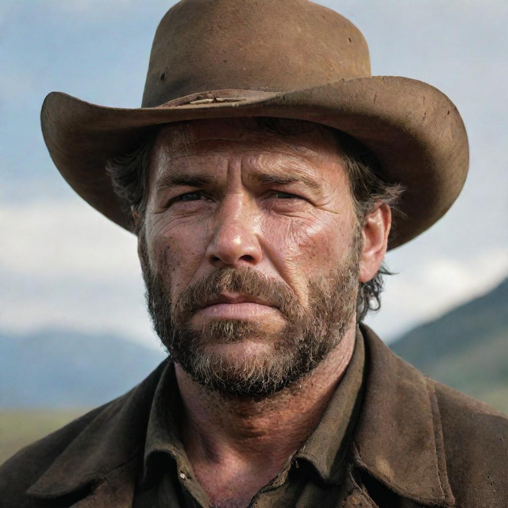 A striking portrait of Arthur Morgan, rugged and rough around the edges, complete with his cowboy hat, stubbled face, and stern expression reflecting his enduring life in the American frontier.