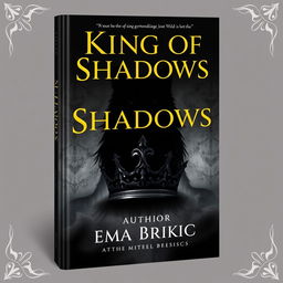 An enchanting book cover design featuring the title 'King of Shadows' prominently displayed, with a bold black shadow wolf at the center, symbolizing strength and enigma