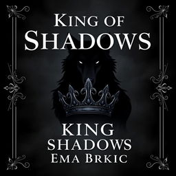 An enchanting book cover design featuring the title 'King of Shadows' prominently displayed, with a bold black shadow wolf at the center, symbolizing strength and enigma
