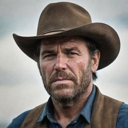 A striking portrait of Arthur Morgan, rugged and rough around the edges, complete with his cowboy hat, stubbled face, and stern expression reflecting his enduring life in the American frontier.