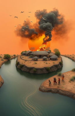 An aerial view of a 3D scene showcasing a river flowing from the bottom left corner of an A5 canvas