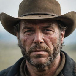 A striking portrait of Arthur Morgan, rugged and rough around the edges, complete with his cowboy hat, stubbled face, and stern expression reflecting his enduring life in the American frontier.