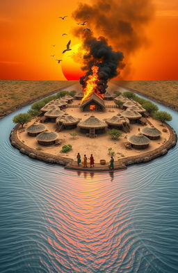 An aerial view of a 3D scene showcasing a river flowing from the bottom left corner of an A5 canvas