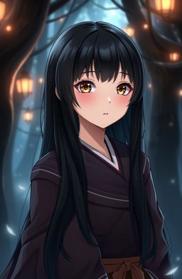 A stunning young lady with long, smooth, straight black hair and captivating light brown eyes that are almond-shaped and semi-round, featuring a touch of feline sparkle