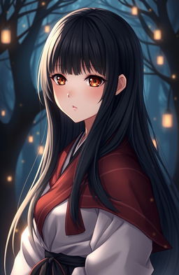 A stunning young lady with long, smooth, straight black hair and captivating light brown eyes that are almond-shaped and semi-round, featuring a touch of feline sparkle