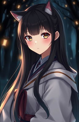 A stunning young lady with long, smooth, straight black hair and captivating light brown eyes that are almond-shaped and semi-round, featuring a touch of feline sparkle