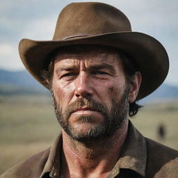 A striking portrait of Arthur Morgan, rugged and rough around the edges, complete with his cowboy hat, stubbled face, and stern expression reflecting his enduring life in the American frontier.