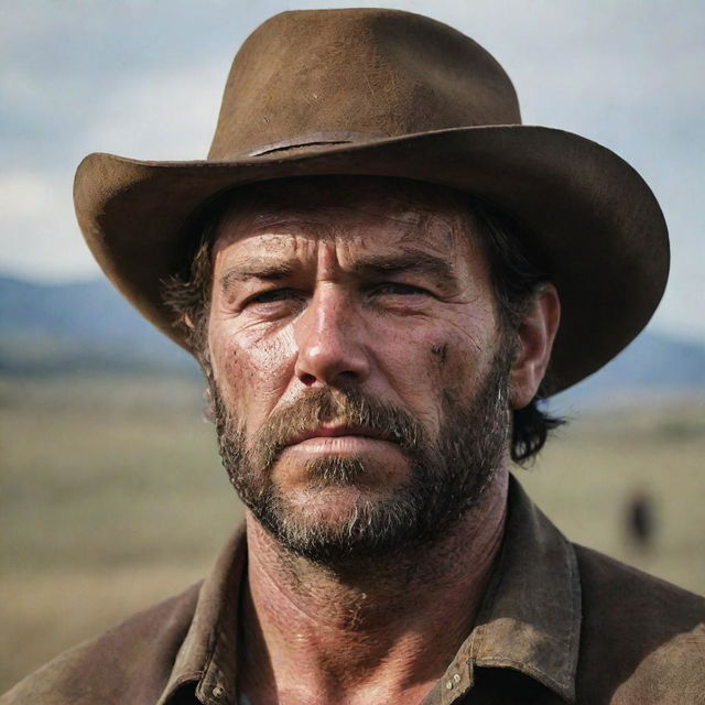 A striking portrait of Arthur Morgan, rugged and rough around the edges, complete with his cowboy hat, stubbled face, and stern expression reflecting his enduring life in the American frontier.