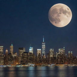 A full moon illuminating a starry night sky over New York City's iconic skyline