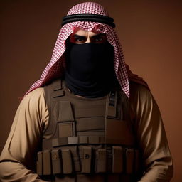 A Hollywood-style kidnapper commander dressed in Arabian attire and a bullet-proof vest, presenting an intriguing and menacing figure.